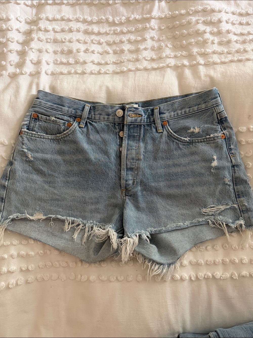 AG Adriano Goldschmied Light Blue Distressed Denim Cutoff Shorts